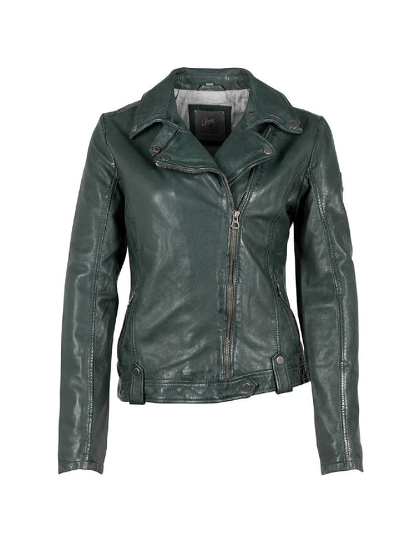 Chaqueta Gipsy de Cuero con Cremallera Asimétrica Verde Mujer