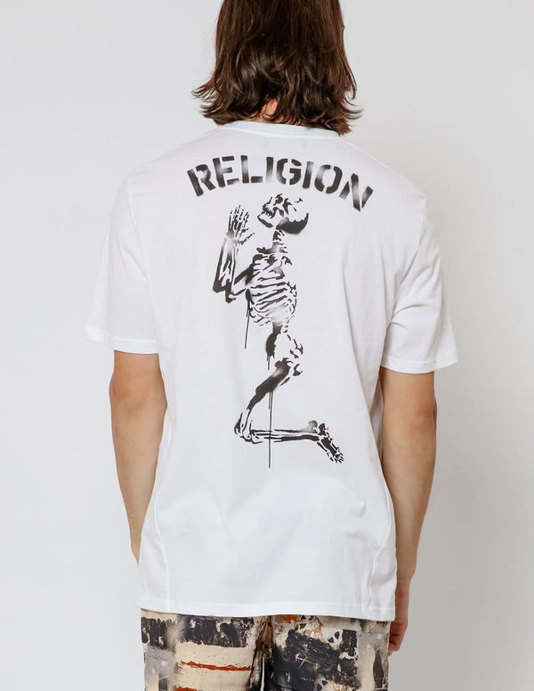 Camiseta RELIGION Praying Skeleton Stencil Blanca Hombre