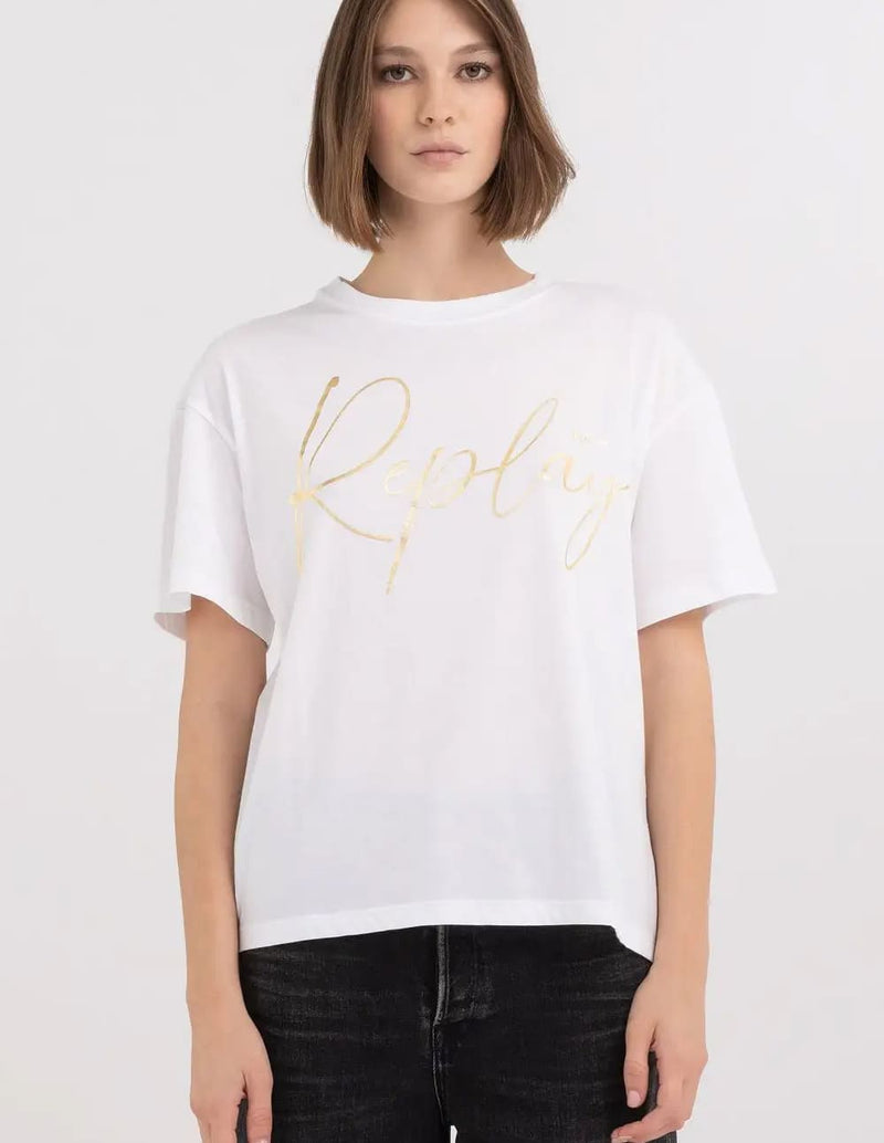 Camiseta Replay con Estampado Metalizado Blanca Mujer