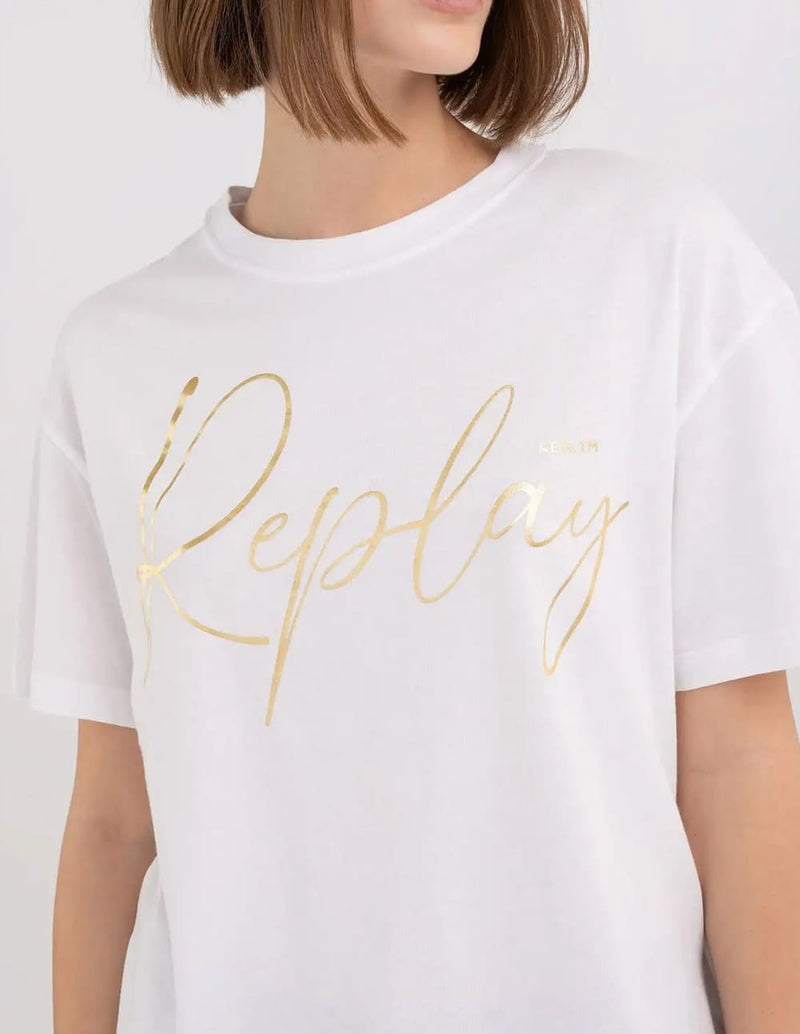 Camiseta Replay con Estampado Metalizado Blanca Mujer