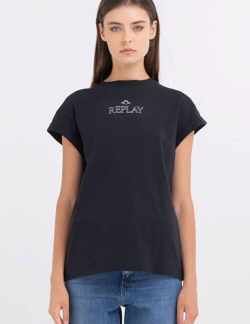 Camiseta Replay con Logo Archivio Negra Mujer