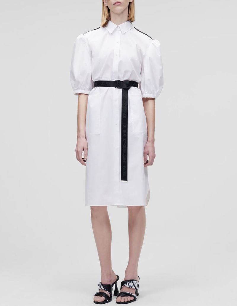 Women's White Karl Lagerfeld Poplin Shirt Dress with Puffed Sleeves