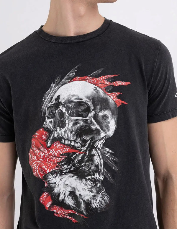 Camiseta Replay Skull and Wolf Print Negra Hombre