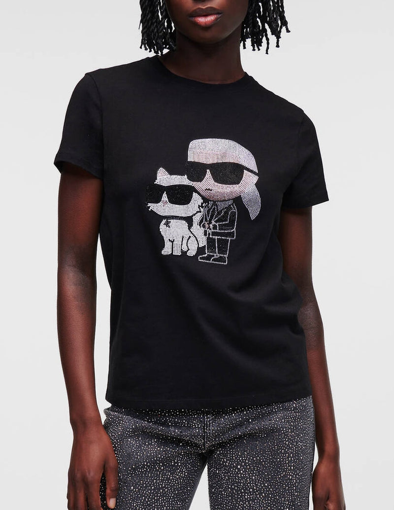 Camiseta Karl Lagerfeld con Pedreria Karl y Choupette Negra Mujer