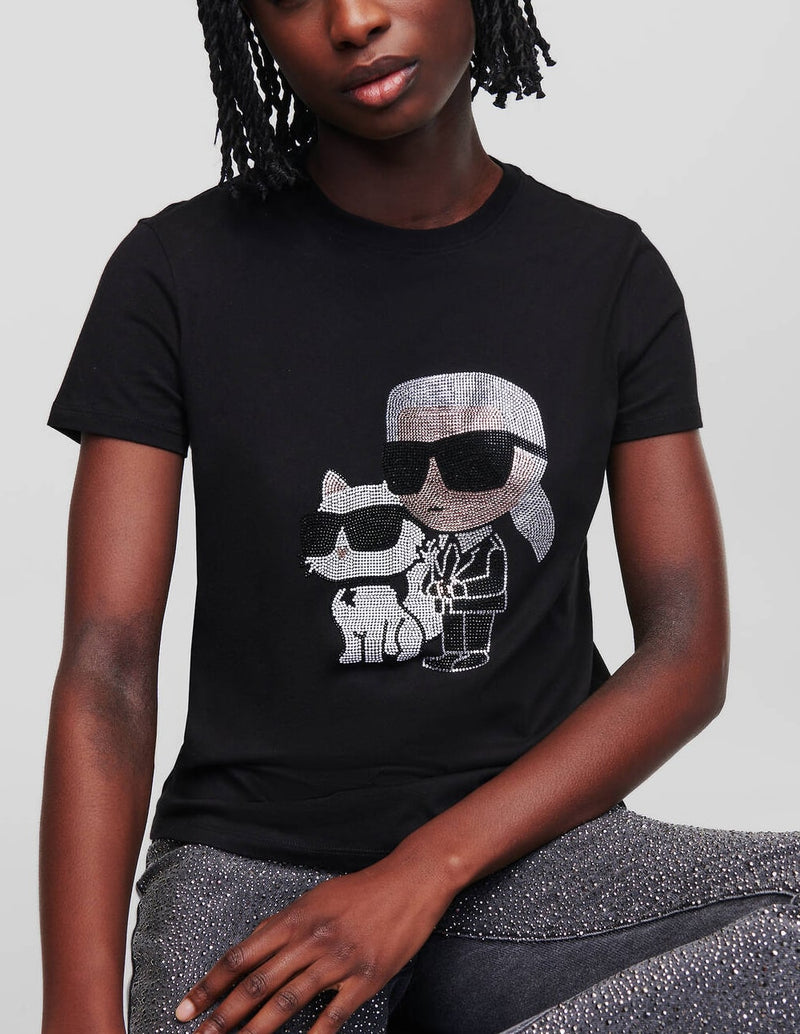 Camiseta Karl Lagerfeld con Pedreria Karl y Choupette Negra Mujer