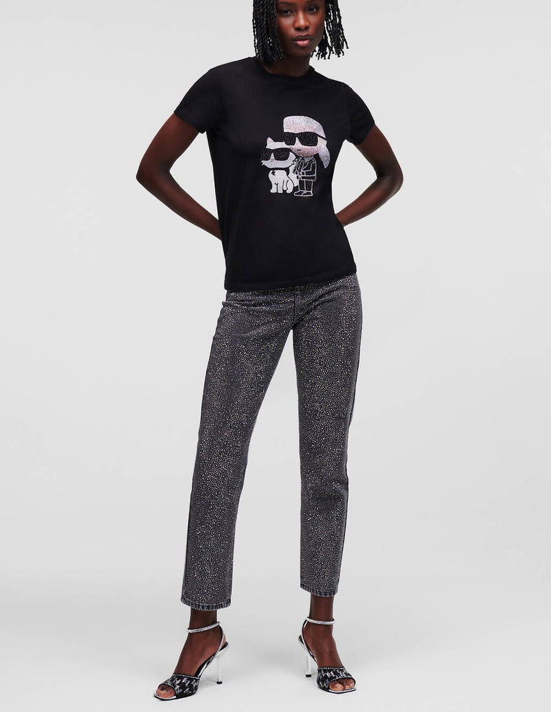 Camiseta Karl Lagerfeld con Pedreria Karl y Choupette Negra Mujer