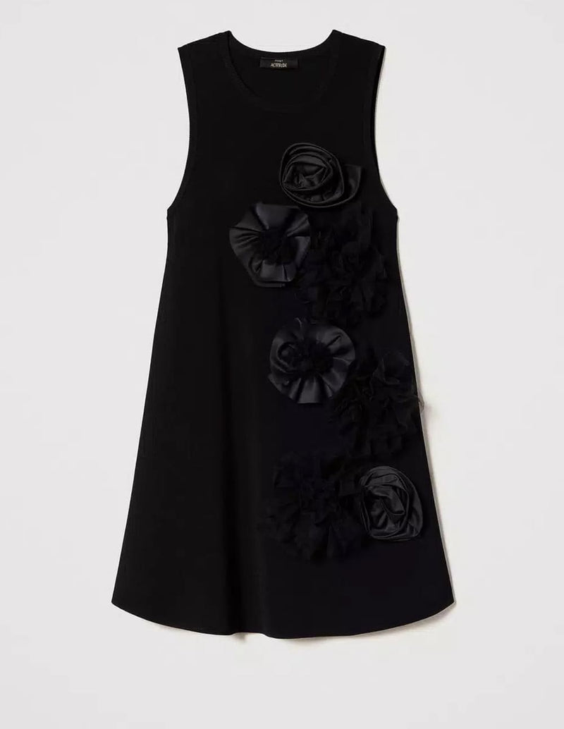 Vestido Corto TWINSET con Flores de Tul y Raso Negro Mujer