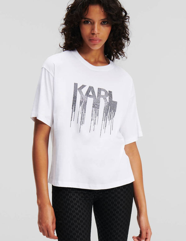 Camiseta Karl Lagerfeld con Logo de Pedreria Blanca Mujer