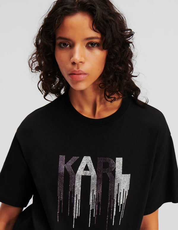 Camiseta Karl Lagerfeld con Logo de Pedreria Negra Mujer