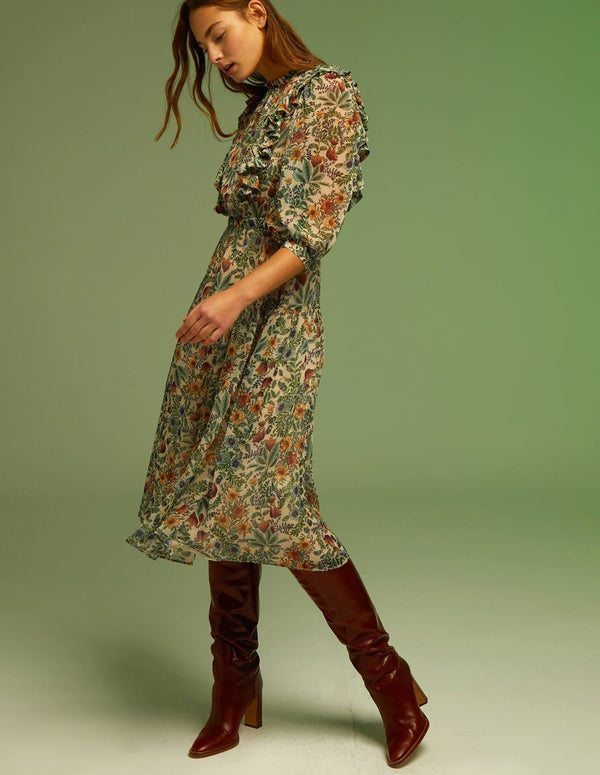 &amp; ME Simona Printed Midi Dress with Vertical Ruffles Multicolor Woman