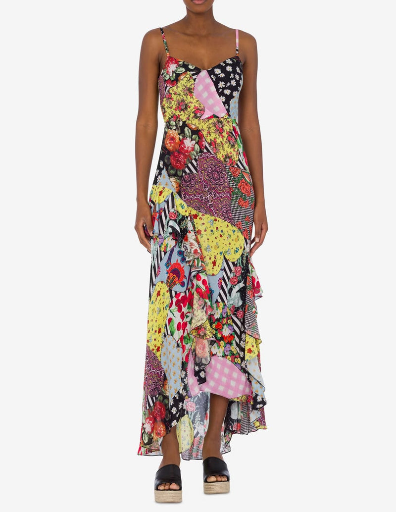 Vestido Moschino Georgette Patchwork Print Multicolor Mujer