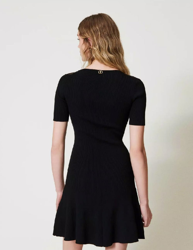 Vestido TWINSET de Punto con Encaje Negro Mujer