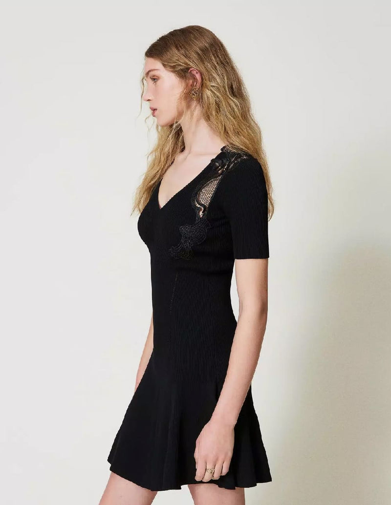 Vestido TWINSET de Punto con Encaje Negro Mujer