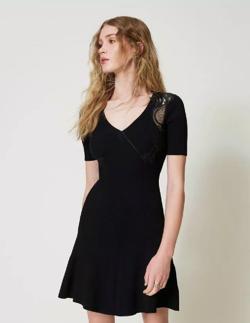 Vestido TWINSET de Punto con Encaje Negro Mujer