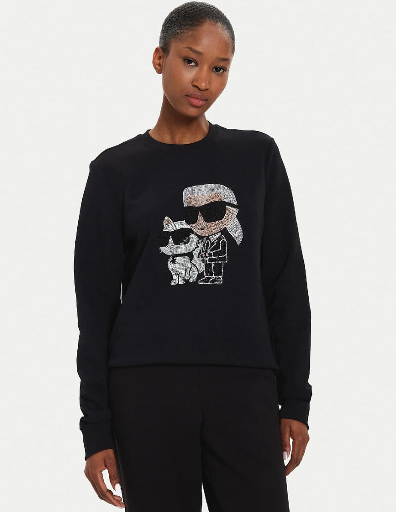 Sudadera Karl Lagerfeld con Pedreria Karl y Choupette Negra Mujer