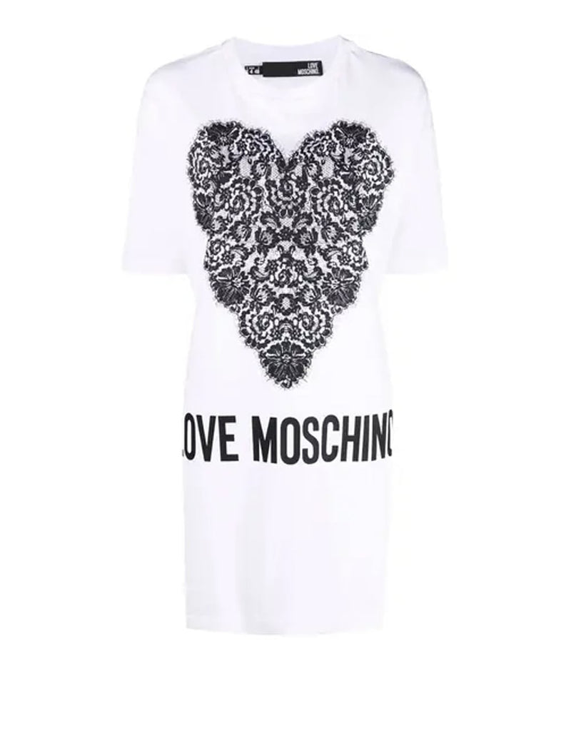 Vestido Love Moschino con Corazón Grande Negro de Encaje Blanco Mujer