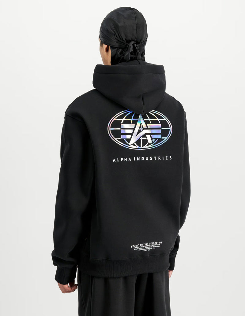Sudadera con Capucha Alpha Industries World Logo Metallic Back Print Negra Hombre