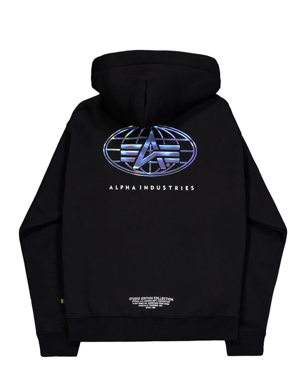 Sudadera con Capucha Alpha Industries World Logo Metallic Back Print Negra Hombre