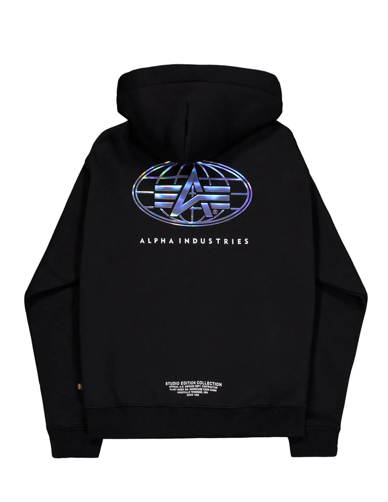 Sudadera con Capucha Alpha Industries World Logo Metallic Back Print Negra Hombre