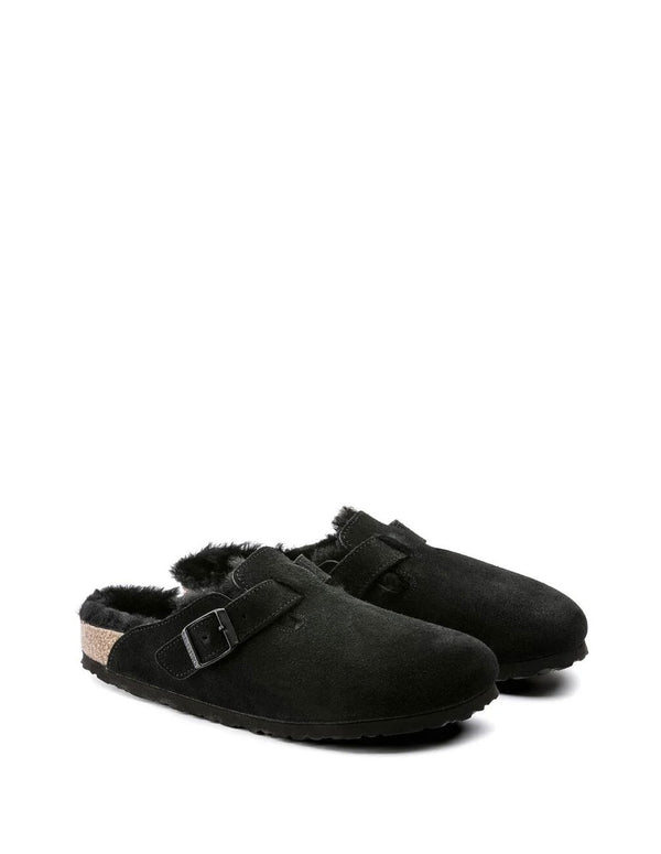 Birkenstock Boston Shearling Suede Leather Negras Mujer