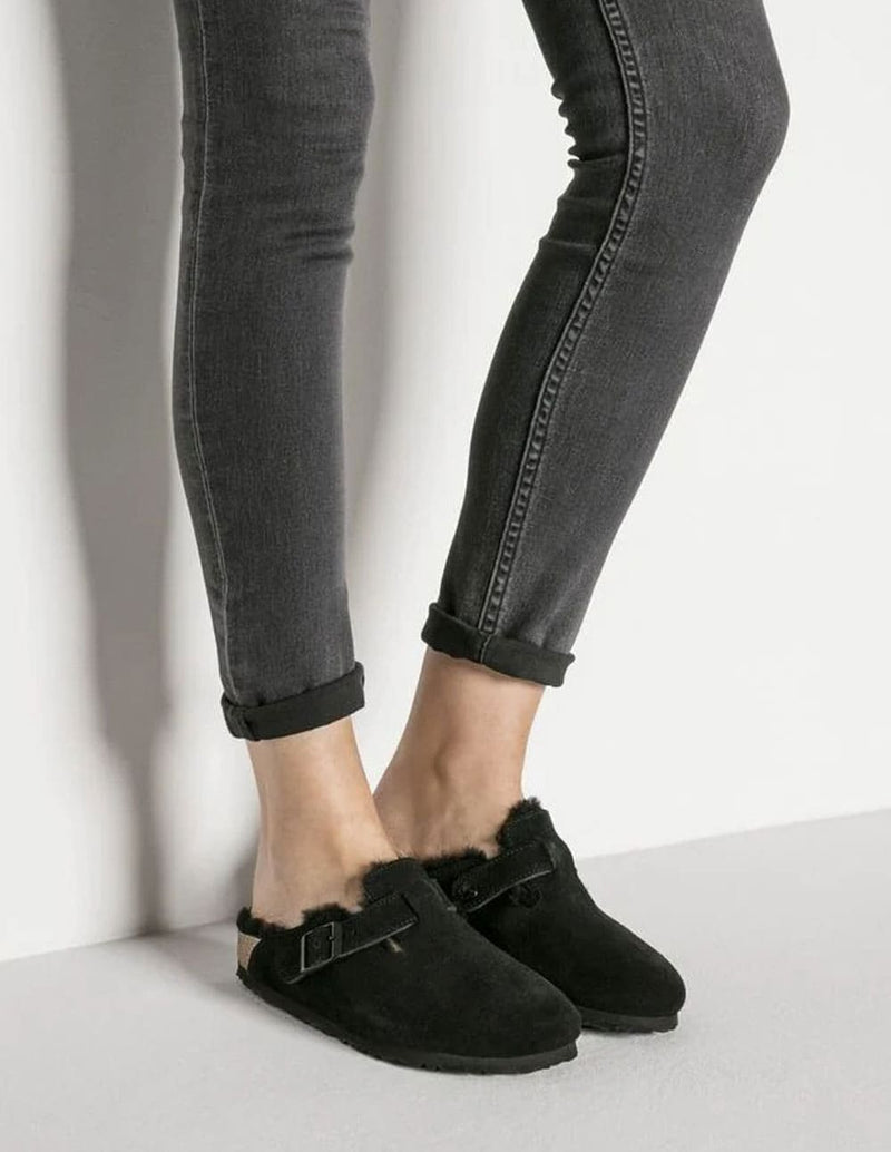 Birkenstock Boston Shearling Suede Leather Negras Mujer