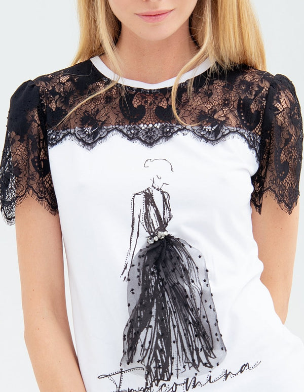 FRACOMINA T-shirt with Sleeves and Lace Details White and Black Woman