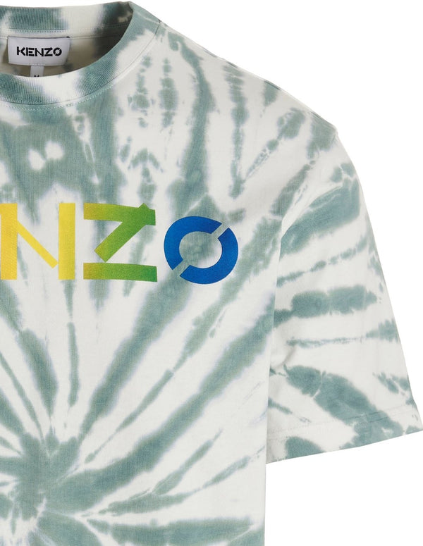 KENZO Green Men's T-shirt with Logo and Tie Dye Print