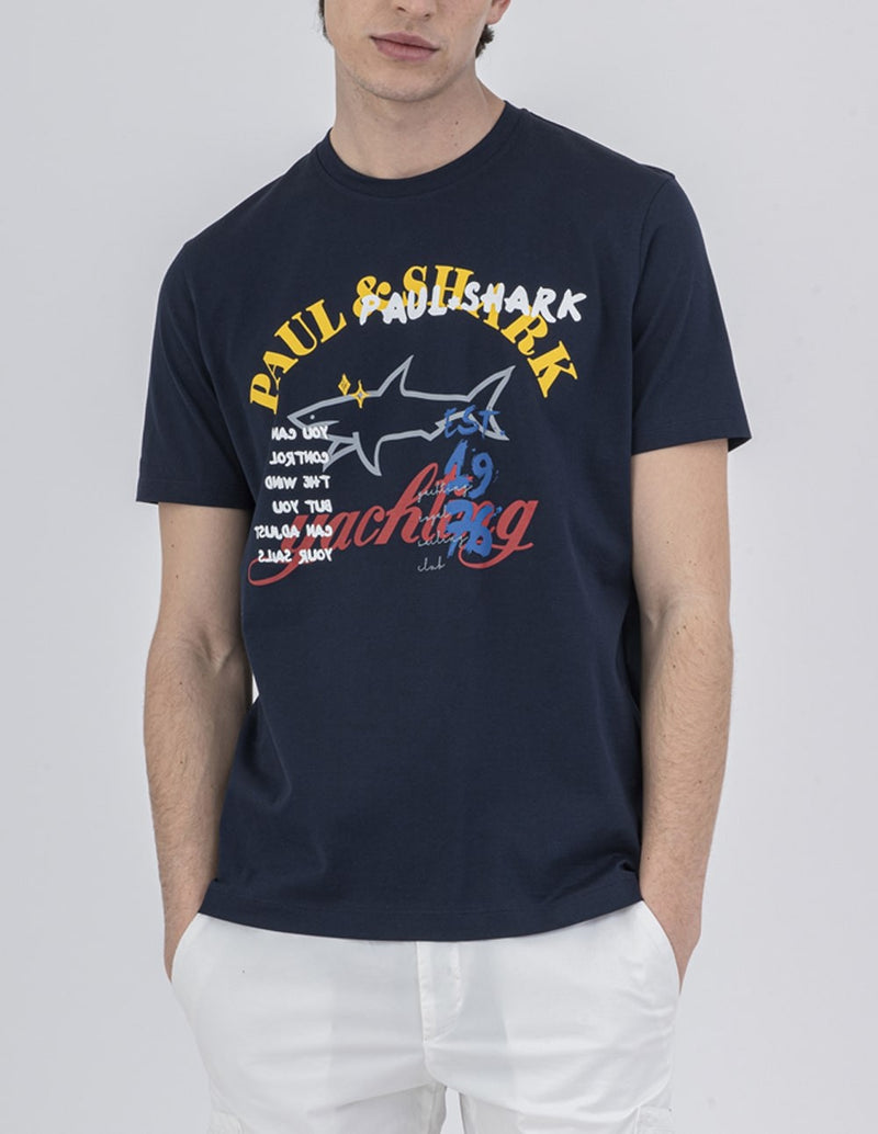 Camiseta Paul & Shark de Algodón Orgánico con Estampado Azul Marino Hombre