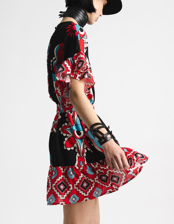 Peace and Chaos Aura Short Dress with Ethnic Print Multicolor Woman