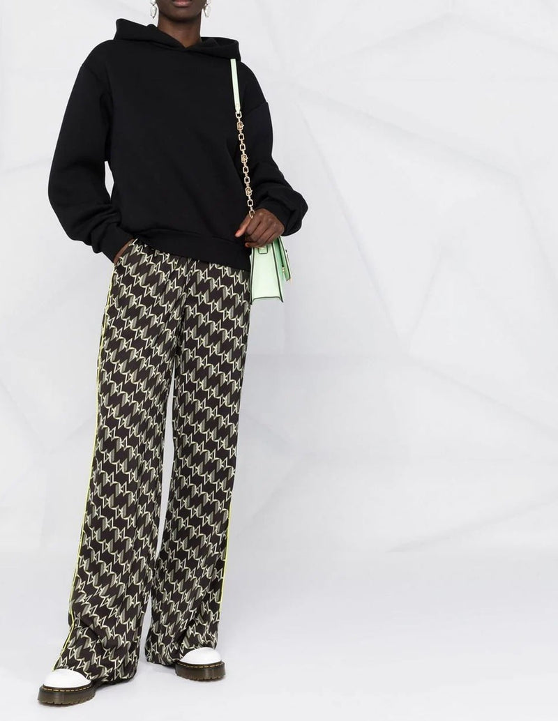 Karl Lagerfeld Satin Monogram Printed Wide Leg Pant Black Women