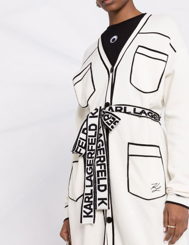 Chaqueta Larga Karl Lagerfeld con Cinto con Logo Blanca y Negra Mujer