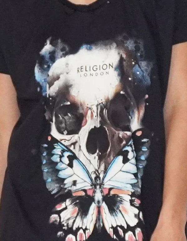 Camiseta RELIGION Butterfly Skull Negra Mujer