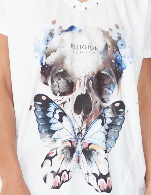 Camiseta RELIGION Butterfly Skull Blanca Mujer