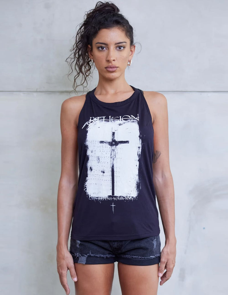 Top RELIGION Cross Negro Mujer