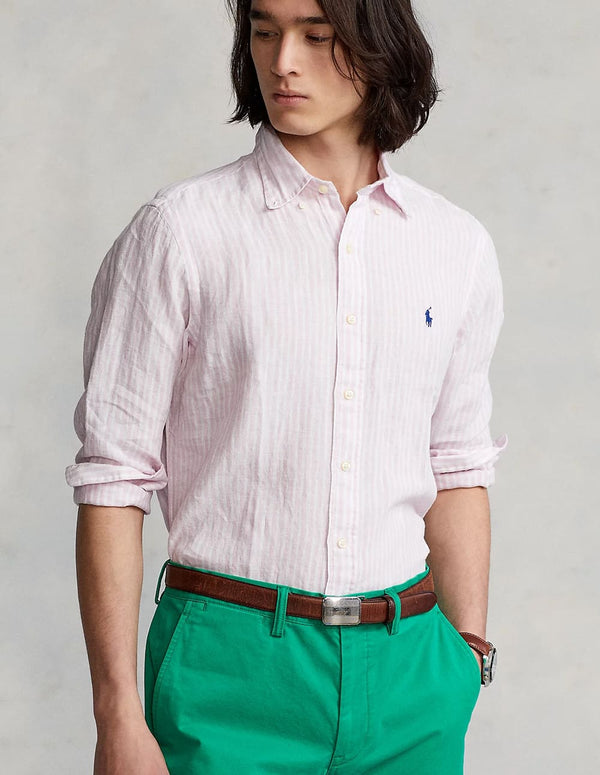 Camisa Polo Ralph Lauren Custom Fit Striped Linen Rosa Hombre