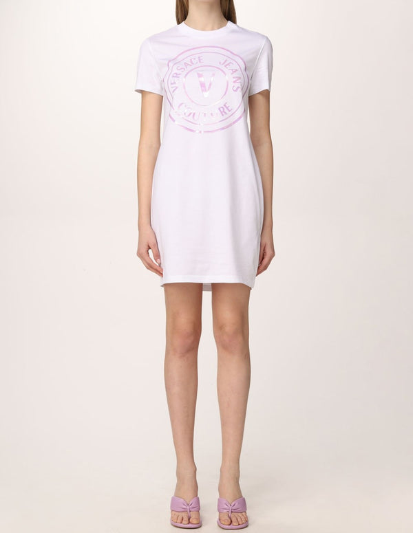 Versace Jeans Couture Short Dress With Iridescent Logo White Women