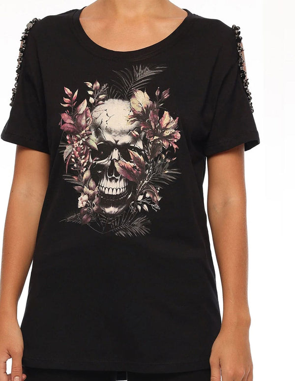 Camiseta RELIGION Botanical Skull Negra Mujer