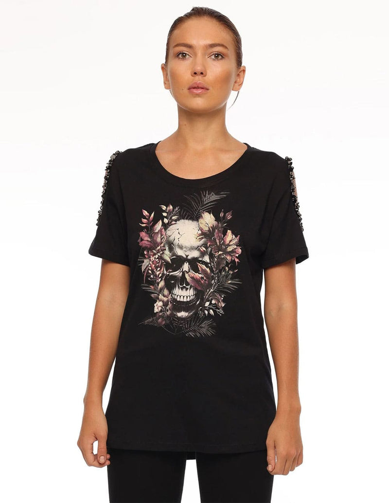 Camiseta RELIGION Botanical Skull Negra Mujer