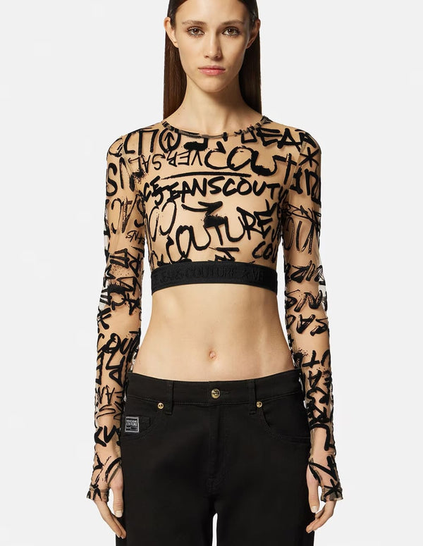 Top Versace Jeans Couture Graffiti Flock Beige y Negro Mujer