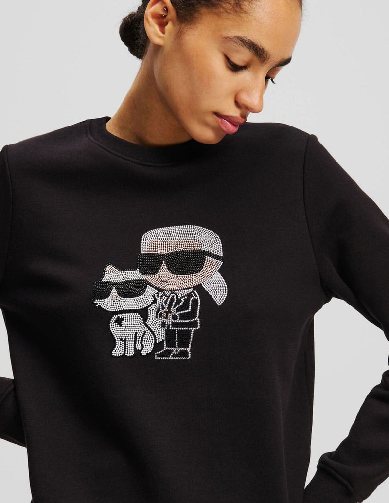 Sudadera Karl Lagerfeld con Pedreria de Karl y Choupette Ikon Negra Mujer