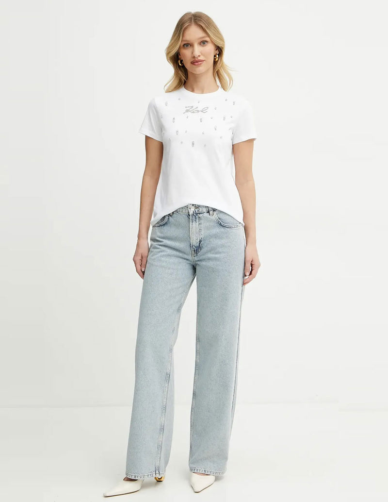 Camiseta Karl Lagerfel con Pedreria Karl Signature Blanca Mujer