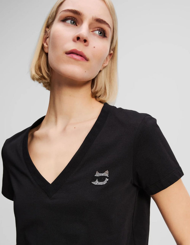 Camiseta Karl Lagerfeld con Pedreria Choupette Ikon Negra Mujer
