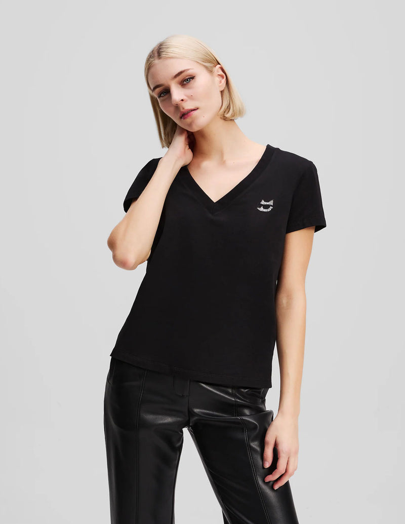 Camiseta Karl Lagerfeld con Pedreria Choupette Ikon Negra Mujer