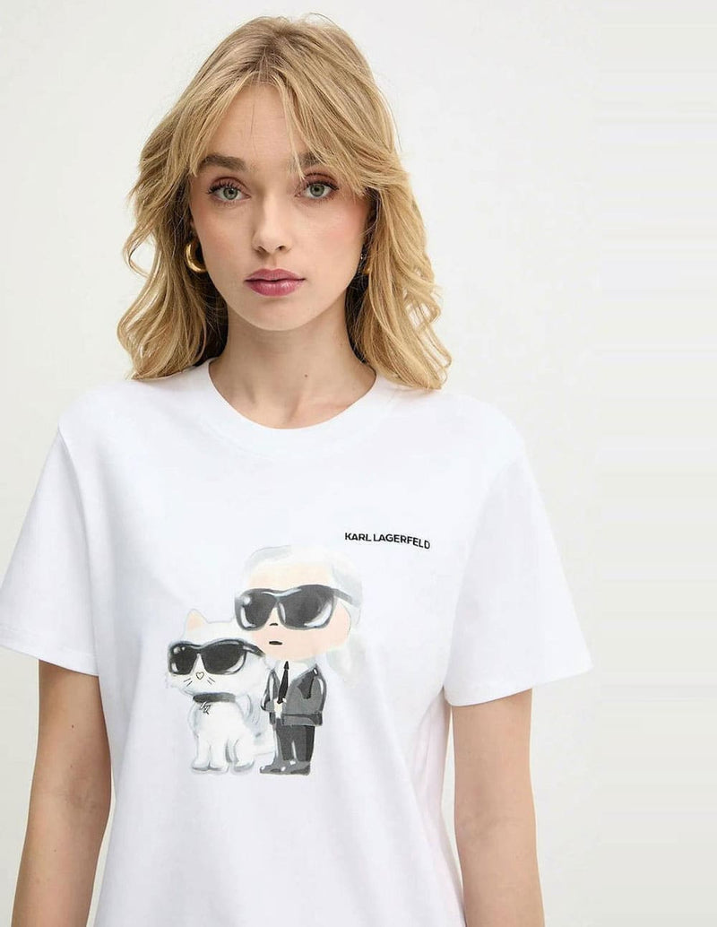 Camiseta Karl Lagerfeld Acuarela Karl y Choupette Blanca Mujer
