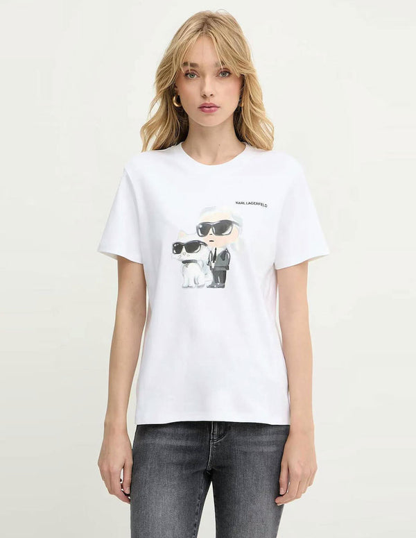 Camiseta Karl Lagerfeld Acuarela Karl y Choupette Blanca Mujer