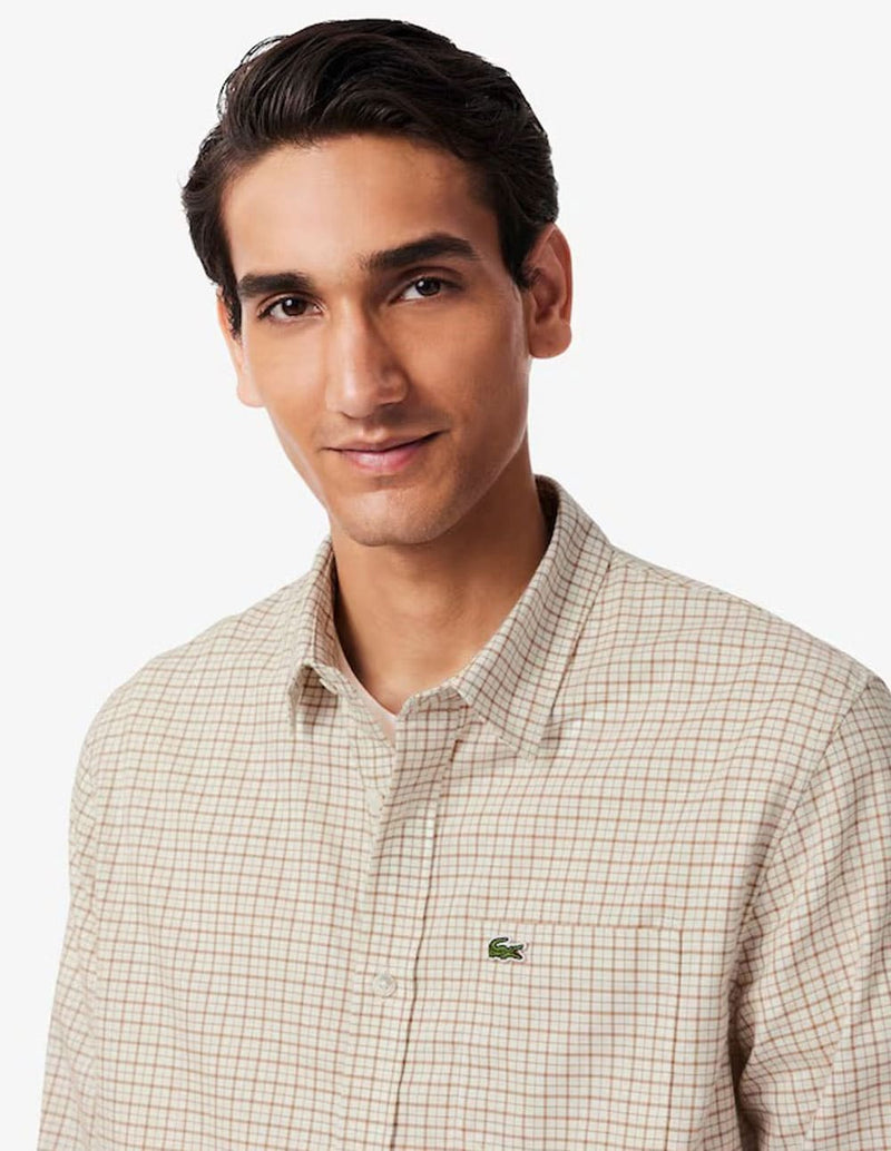Camisa Lacoste de Franela de Cuadros Beige Hombre