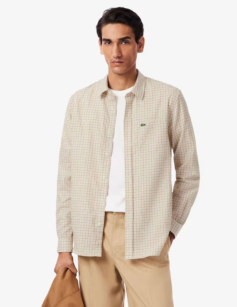 Camisa Lacoste de Franela de Cuadros Beige Hombre