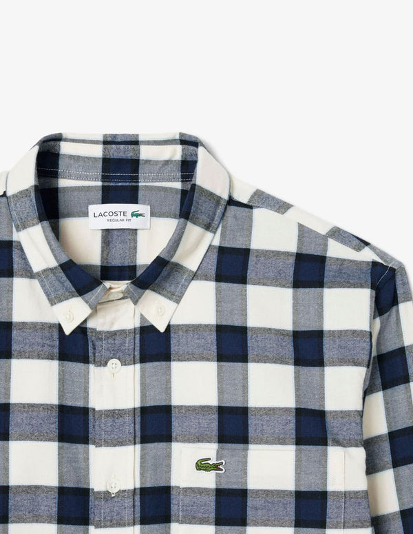 Camisa Lacoste de Franela de Cuadros Blanca y Azul Hombre
