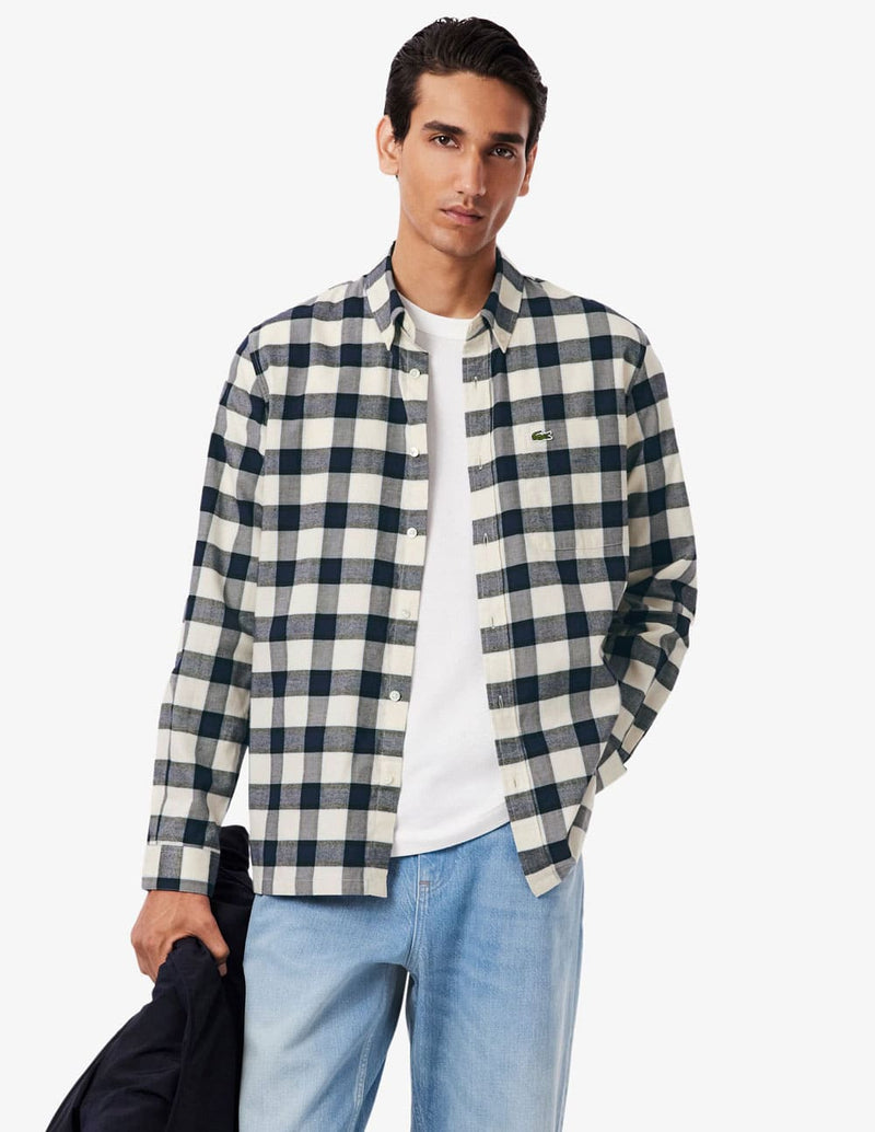 Camisa Lacoste de Franela de Cuadros Blanca y Azul Hombre