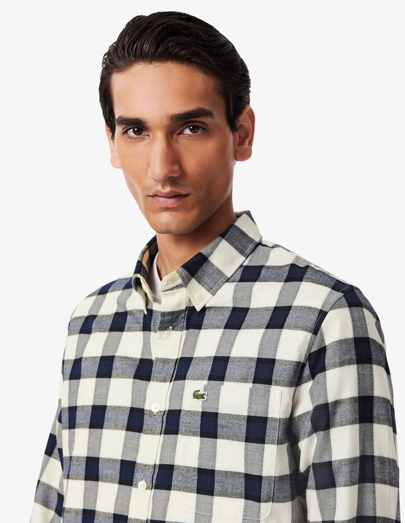 Camisa Lacoste de Franela de Cuadros Blanca y Azul Hombre